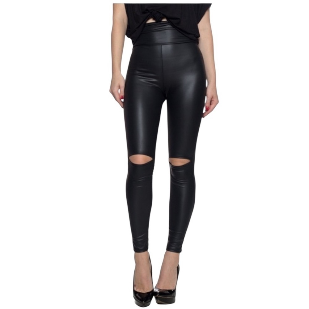 NWOT Cemi Ceri Faux Leather Leggings Medium Black Knee Cutouts